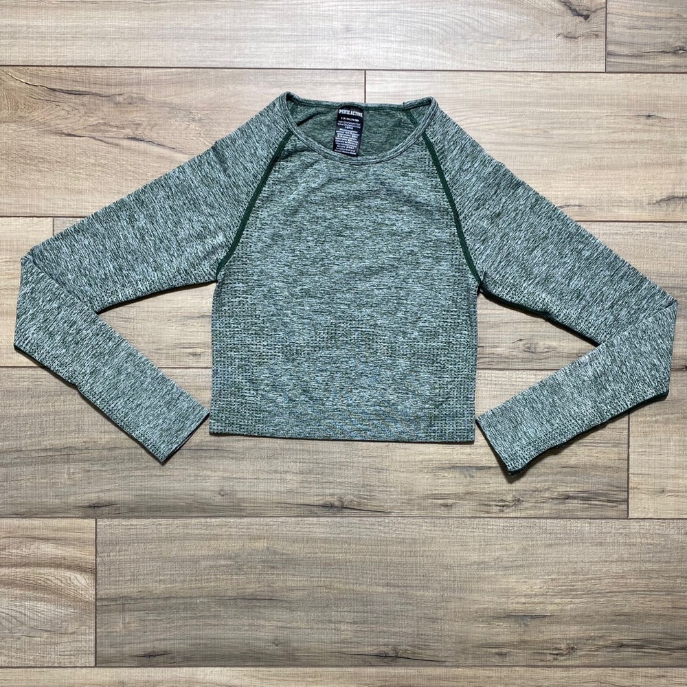 VS PINK Active Womens Seamless‎ Cropped Top Long Sleeve Size Small Heather Green